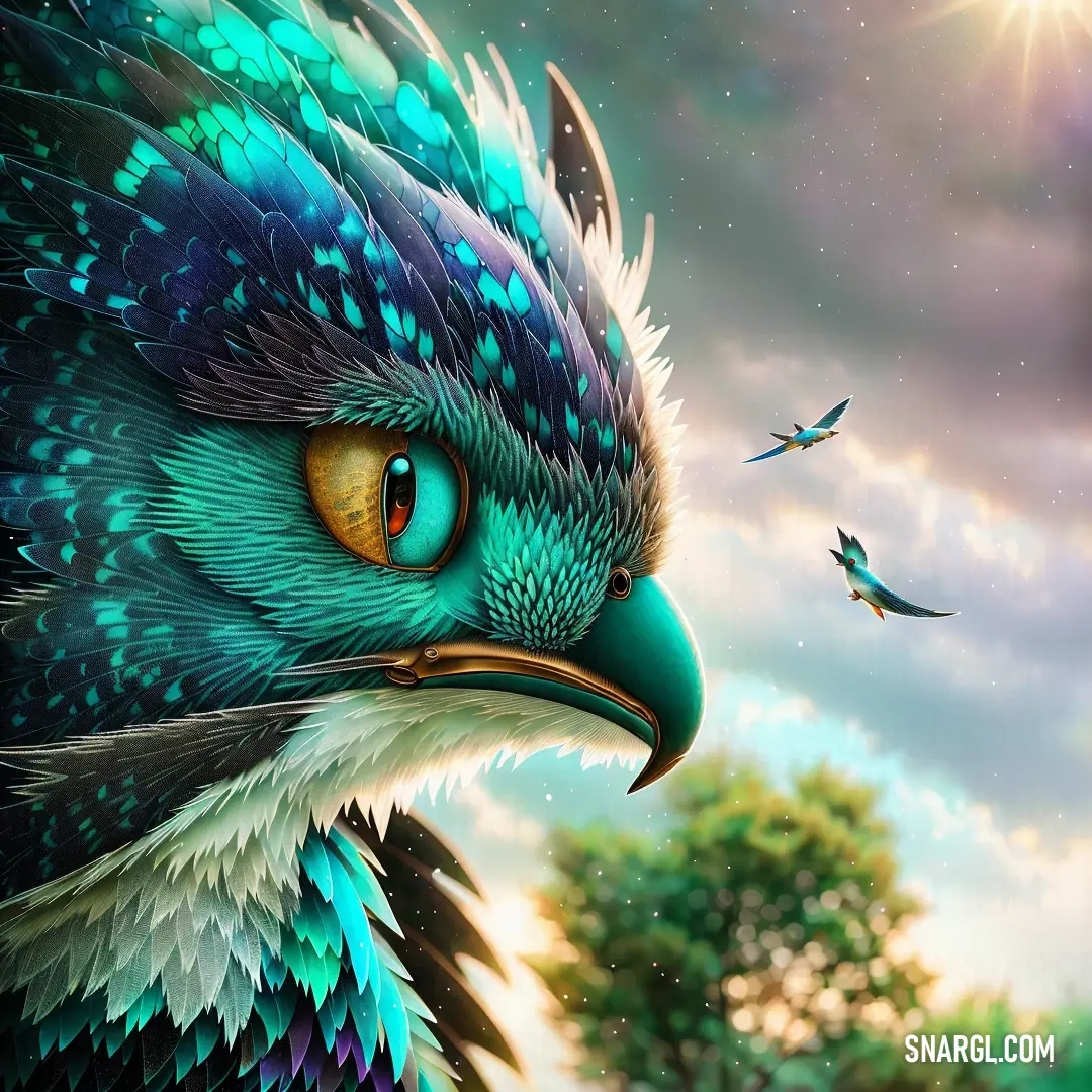 Painting of a bird with a blue and green feathers and a bird flying in the sky above it