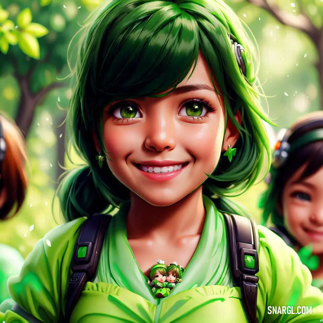 Painting of a girl with green hair and a green shirt and green hair and green eyes