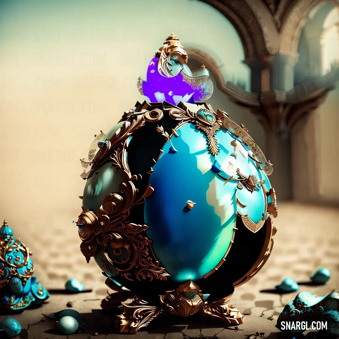 Blue and gold egg with a purple crown on top of it and a mirror in the background with blue