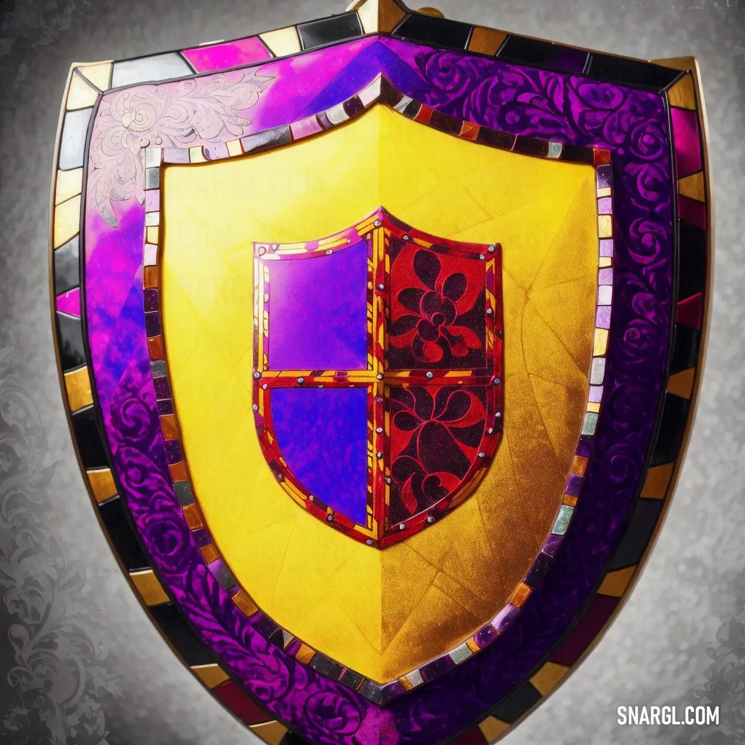 Colorful shield with a purple and yellow design on it's side and a red