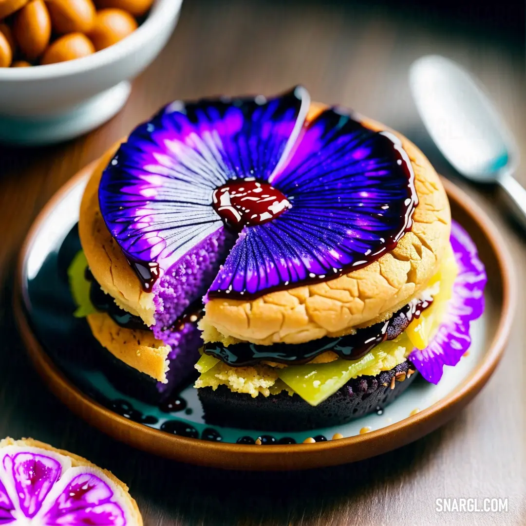 Plate with a purple flower on it next to a bowl of nuts and a spoon on the table