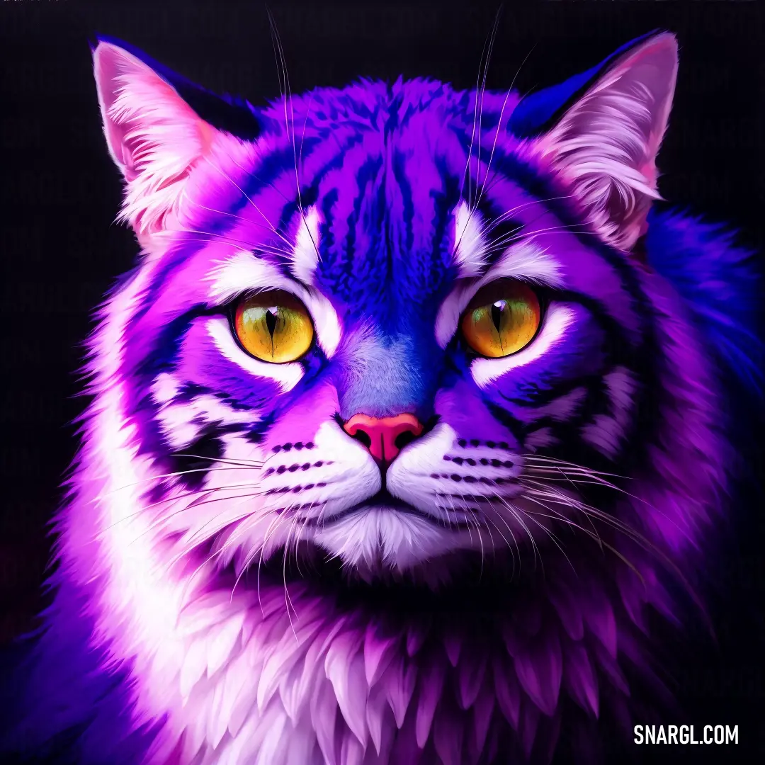 Purple and white cat with yellow eyes and a black background is shown in this image