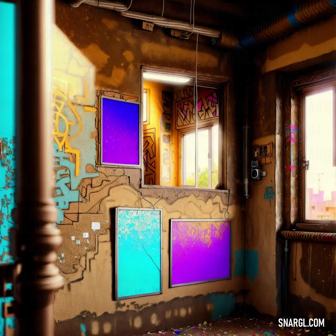 Room with a lot of graffiti on the walls and windows and a mirror on the wall with a light coming through