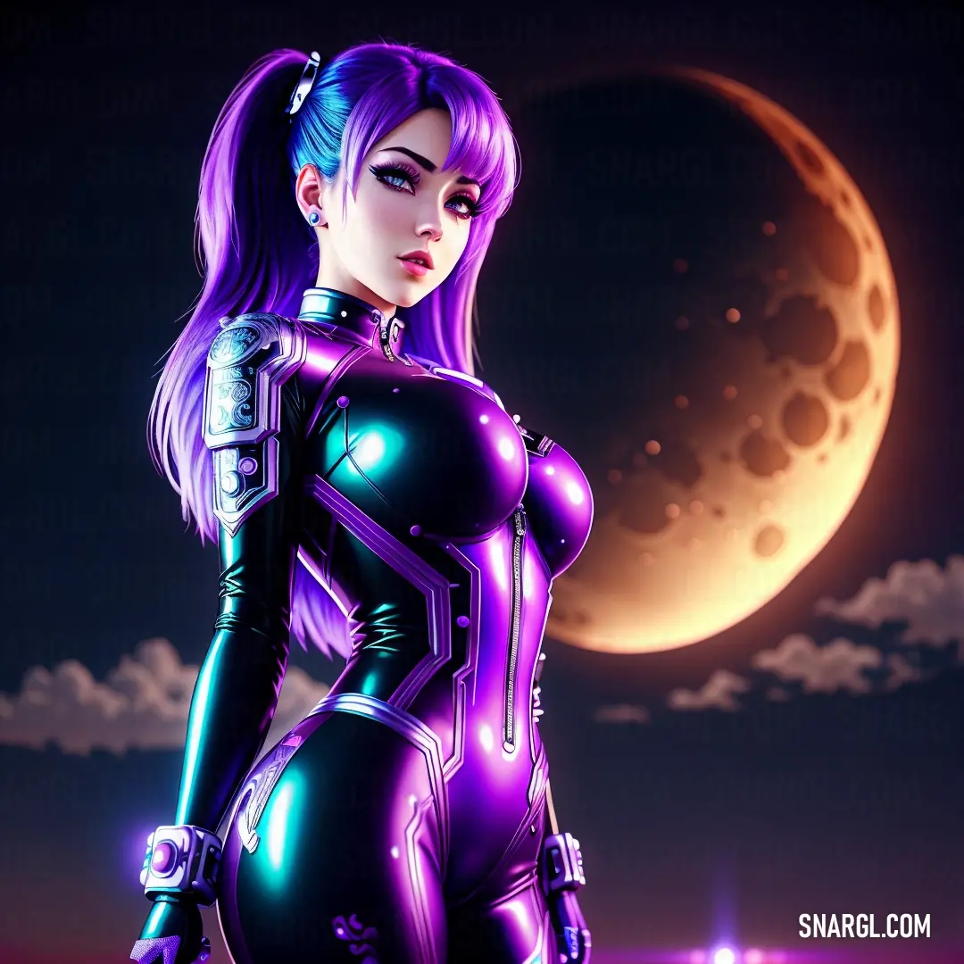 Woman in a futuristic suit standing in front of a moon and a full moon in the background