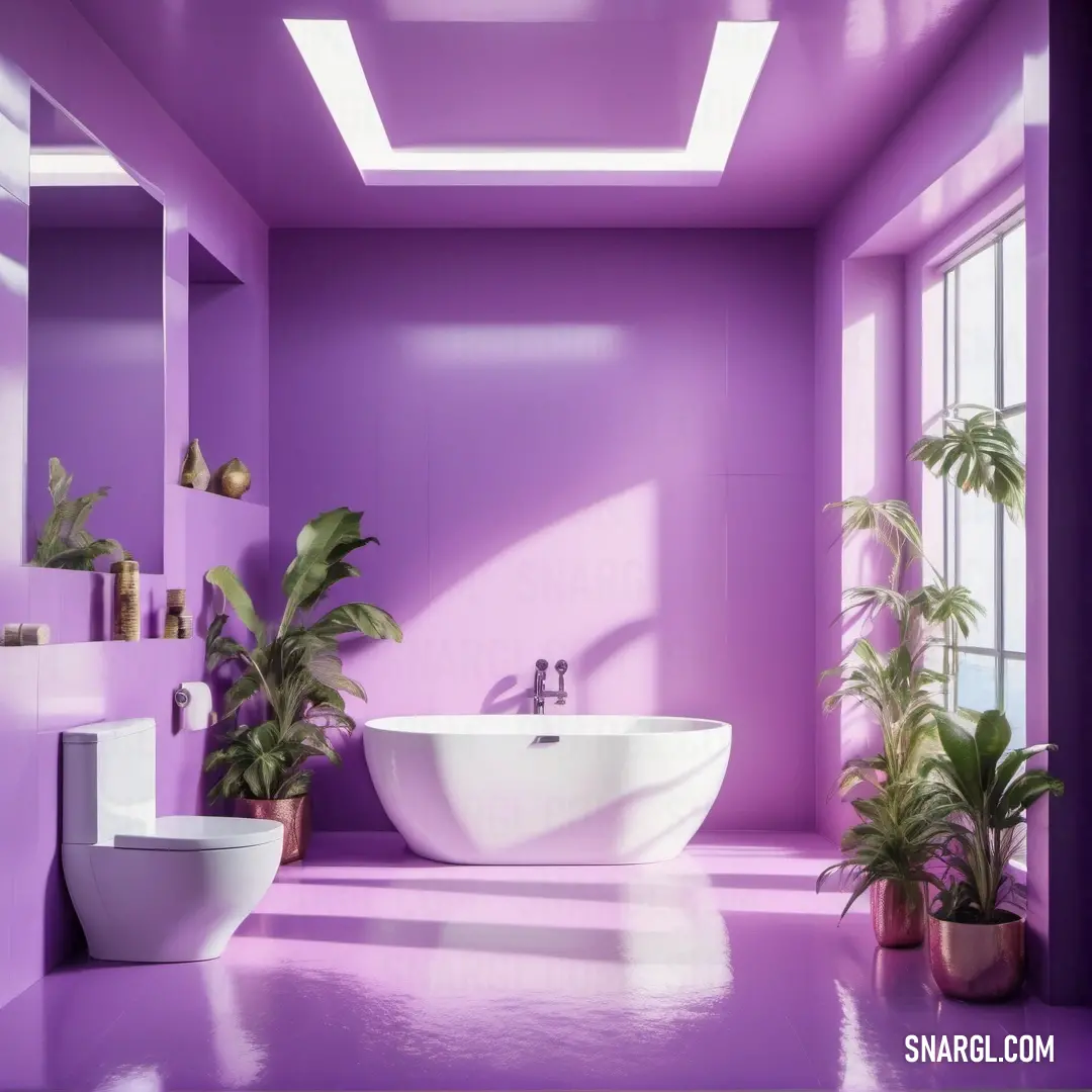 Bathroom with a purple wall and a white tub and sink and a potted plant in the corner. Example of Electric lavender color.