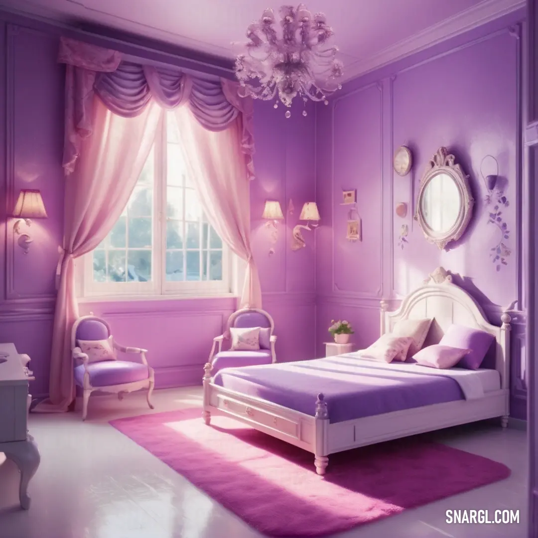 Bedroom with a purple wall and a white bed and a pink rug on the floor. Color RGB 244,187,255.