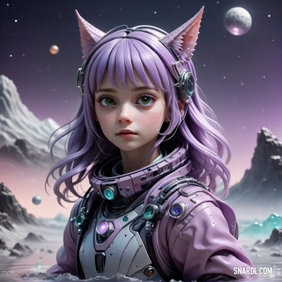 Girl with purple hair and a cat ears on her head is standing in the water. Example of Electric lavender color.