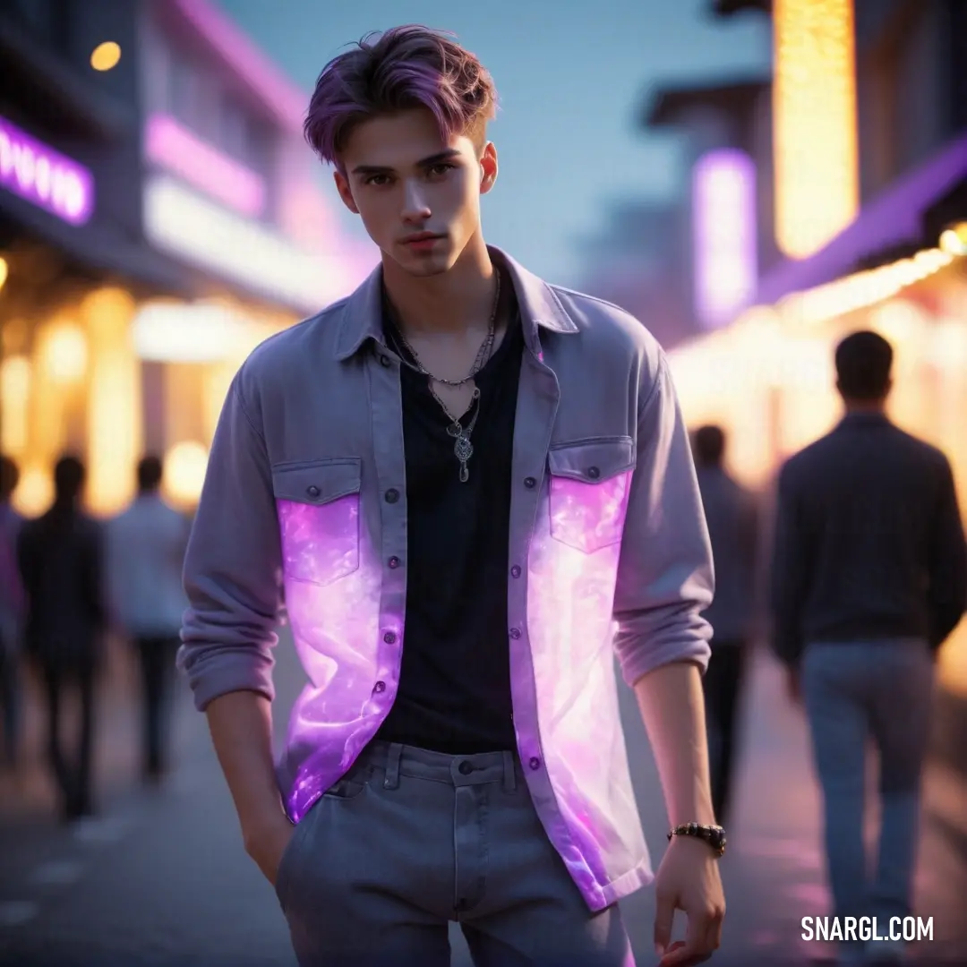 Electric lavender color. Man standing on a street next to a building with a neon light on it's chest and a purple shirt on