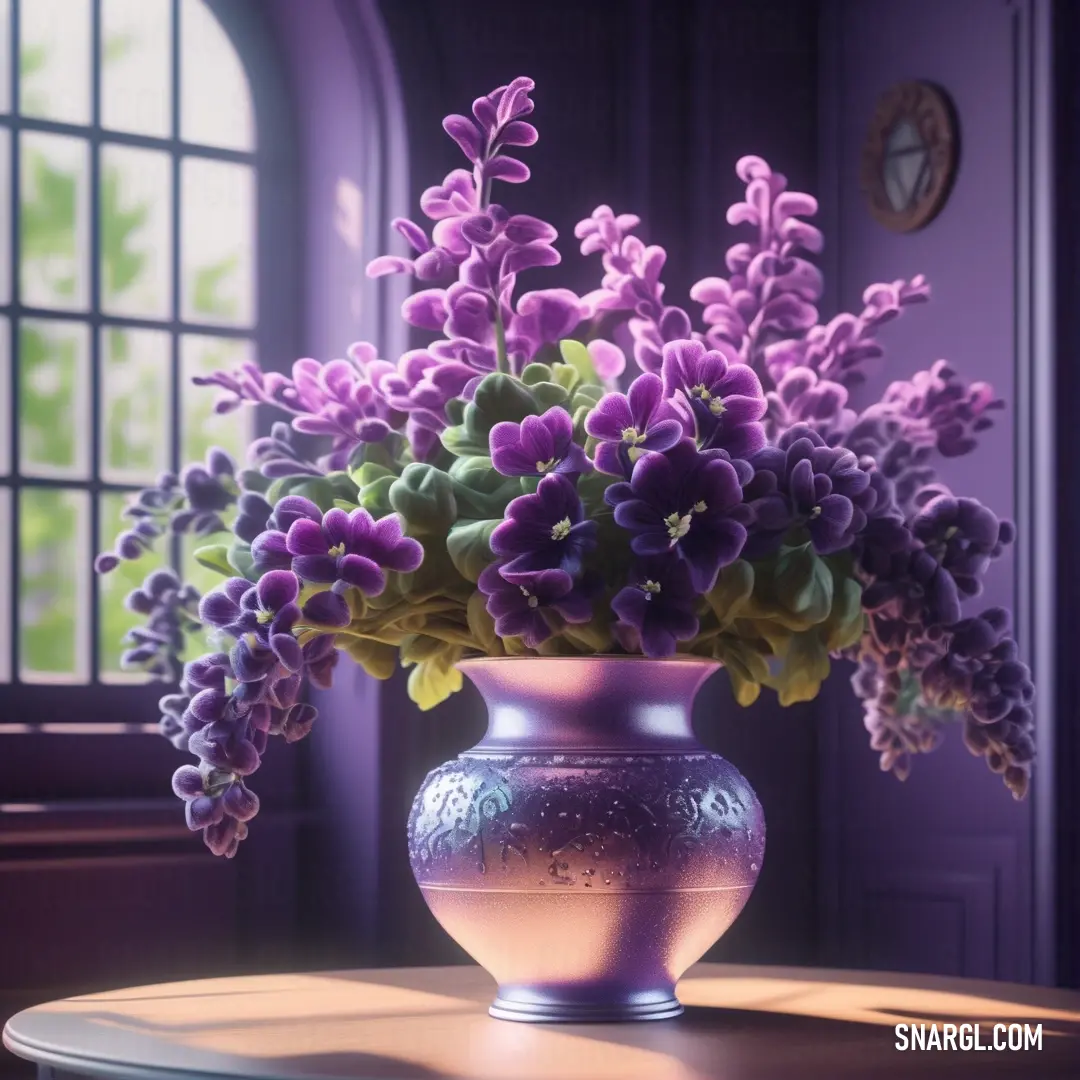 Electric lavender color. Vase filled with purple flowers on a table next to a window with a clock on it