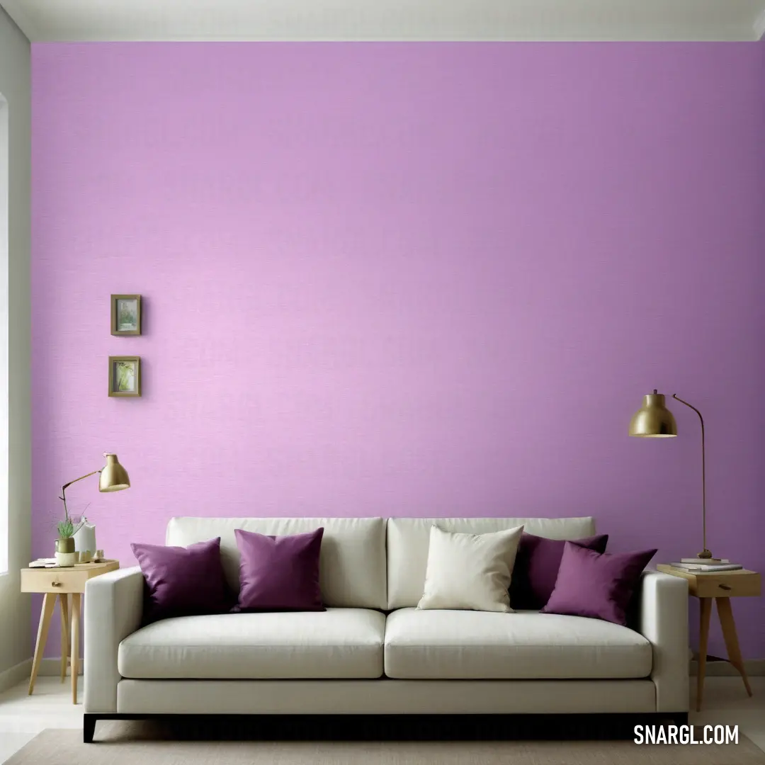 Living room with a couch and a table with a lamp on it and a purple wall behind it. Example of CMYK 4,27,0,0 color.