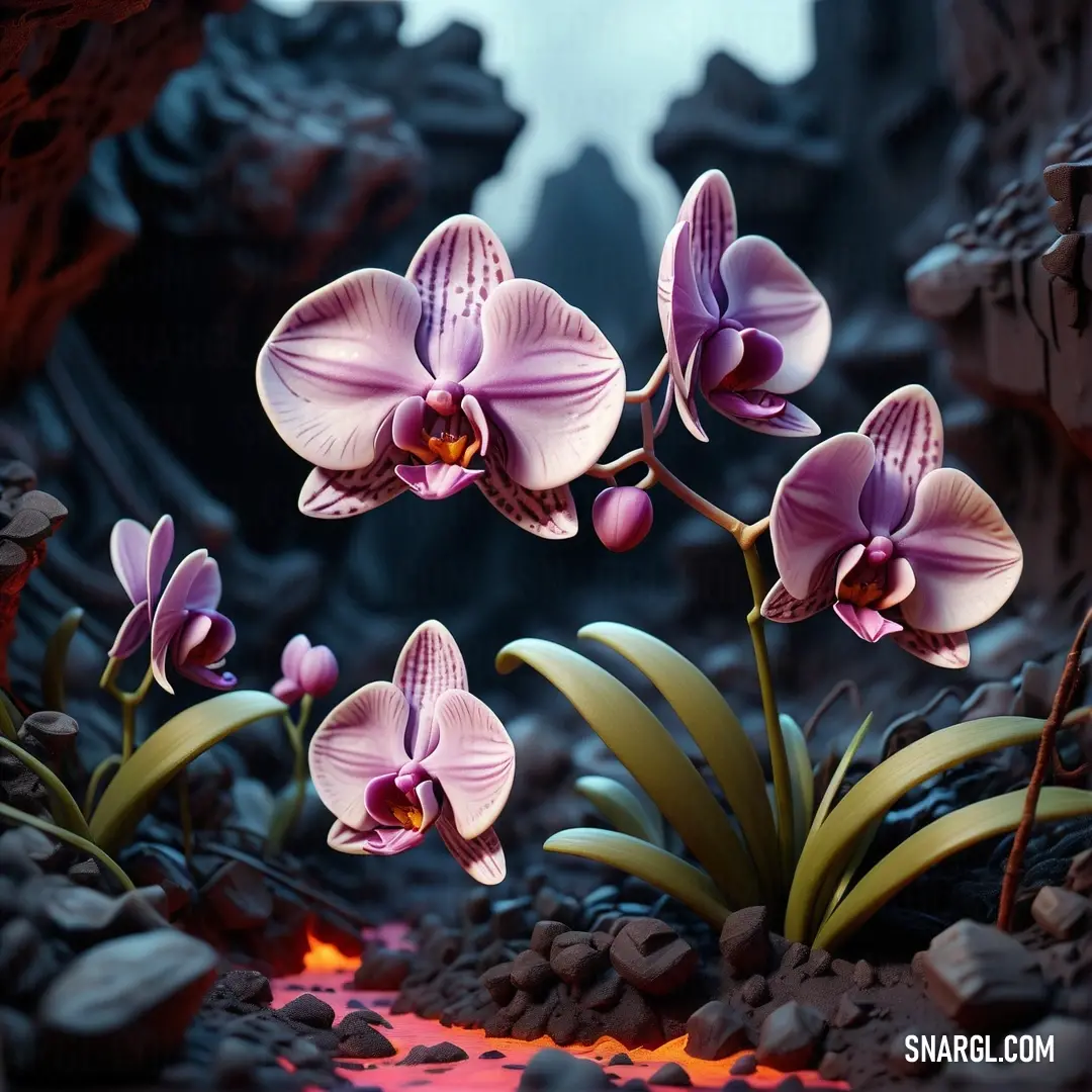 Painting of purple flowers in a cave with rocks and water in the background. Example of CMYK 4,27,0,0 color.