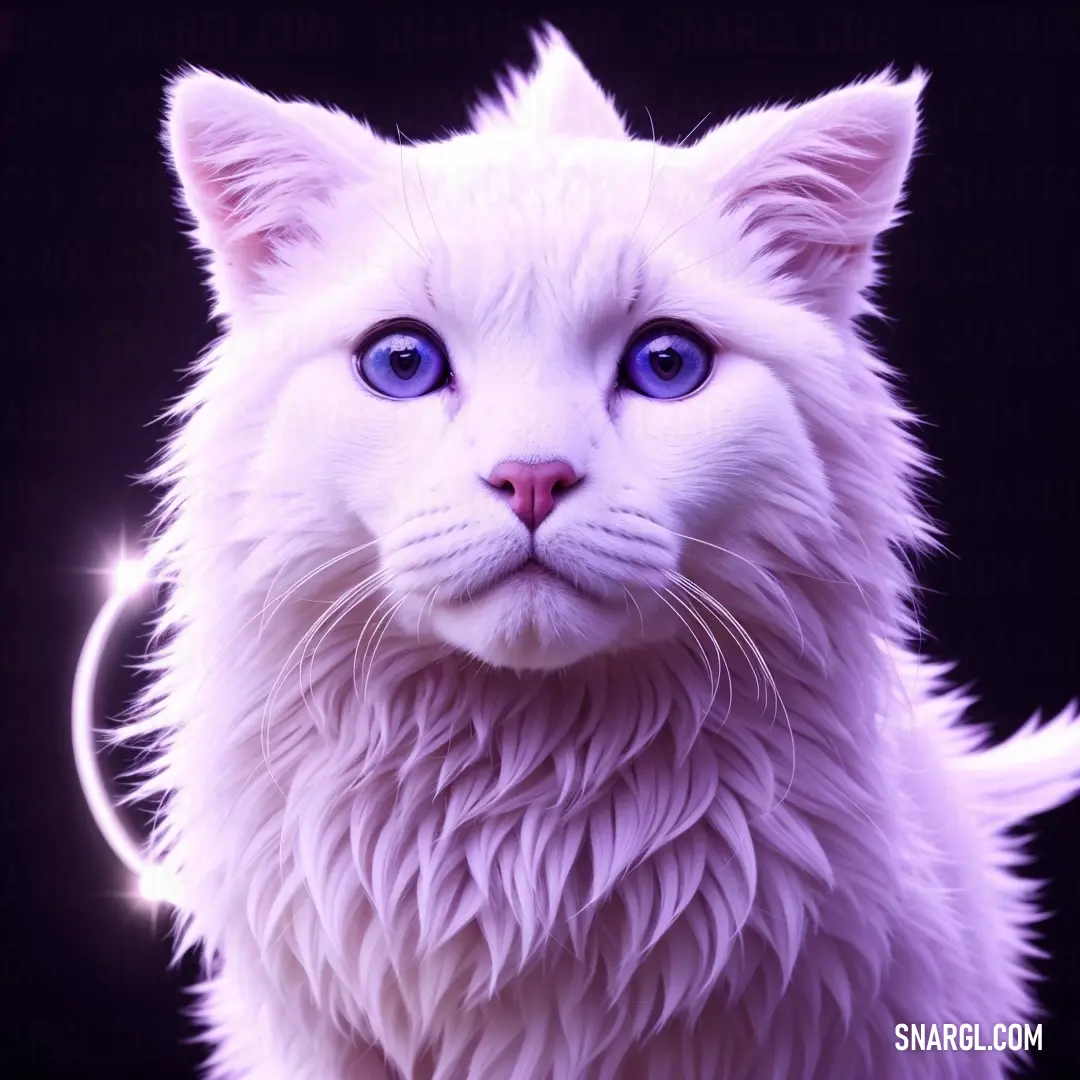 White cat with blue eyes and a ring around its neck is looking at the camera with a black background