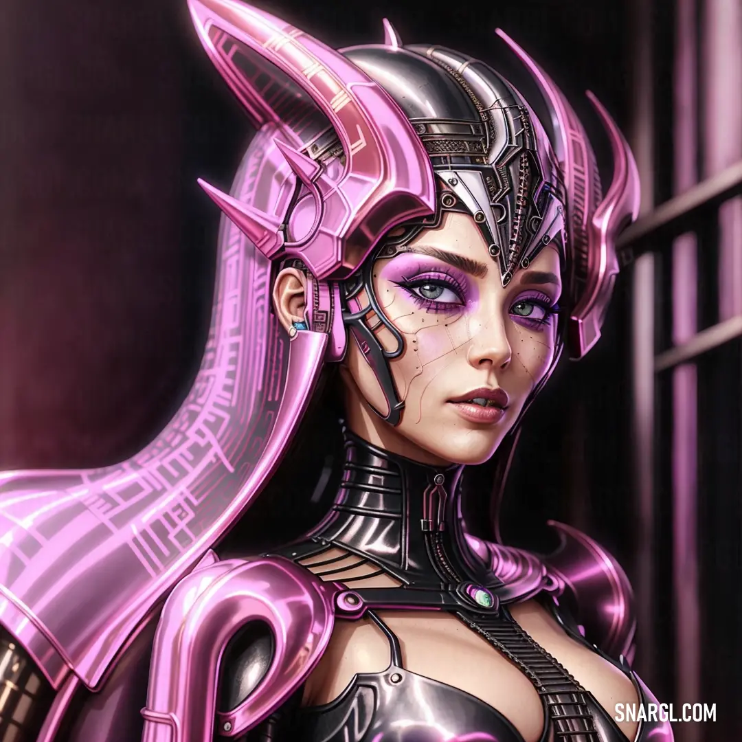 Woman with a pink hair and a purple outfit with horns and horns on her head