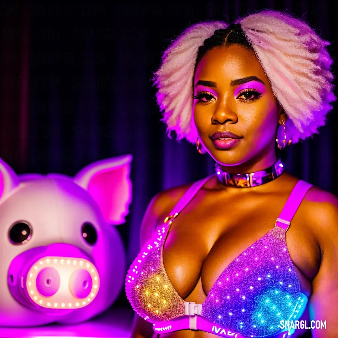 Woman in a bra top and a piggy costume with a light up headband