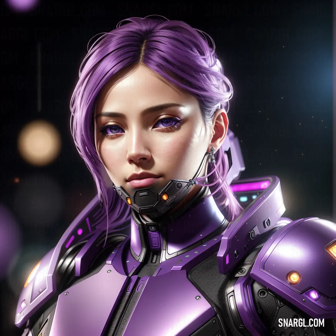 Woman in a futuristic suit with purple hair and a purple helmet on her head and a black background