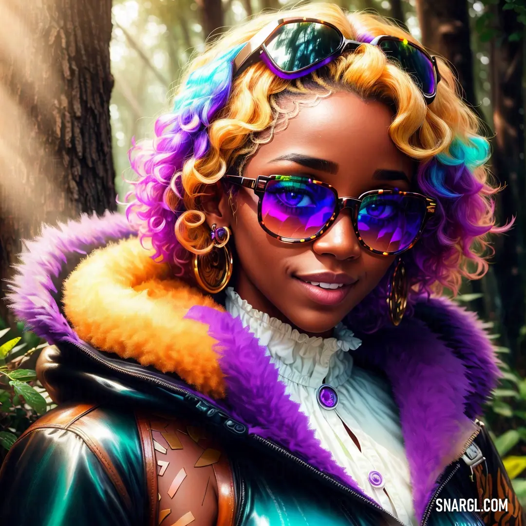 Woman with colorful hair and sunglasses in the woods with trees in the background and sunlight coming through her eyes