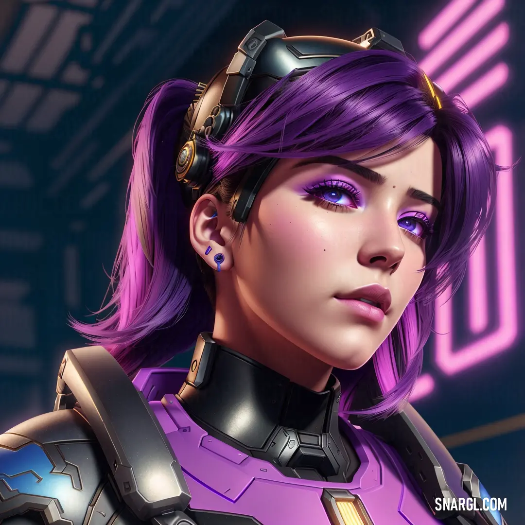 Woman with purple hair and a futuristic suit on