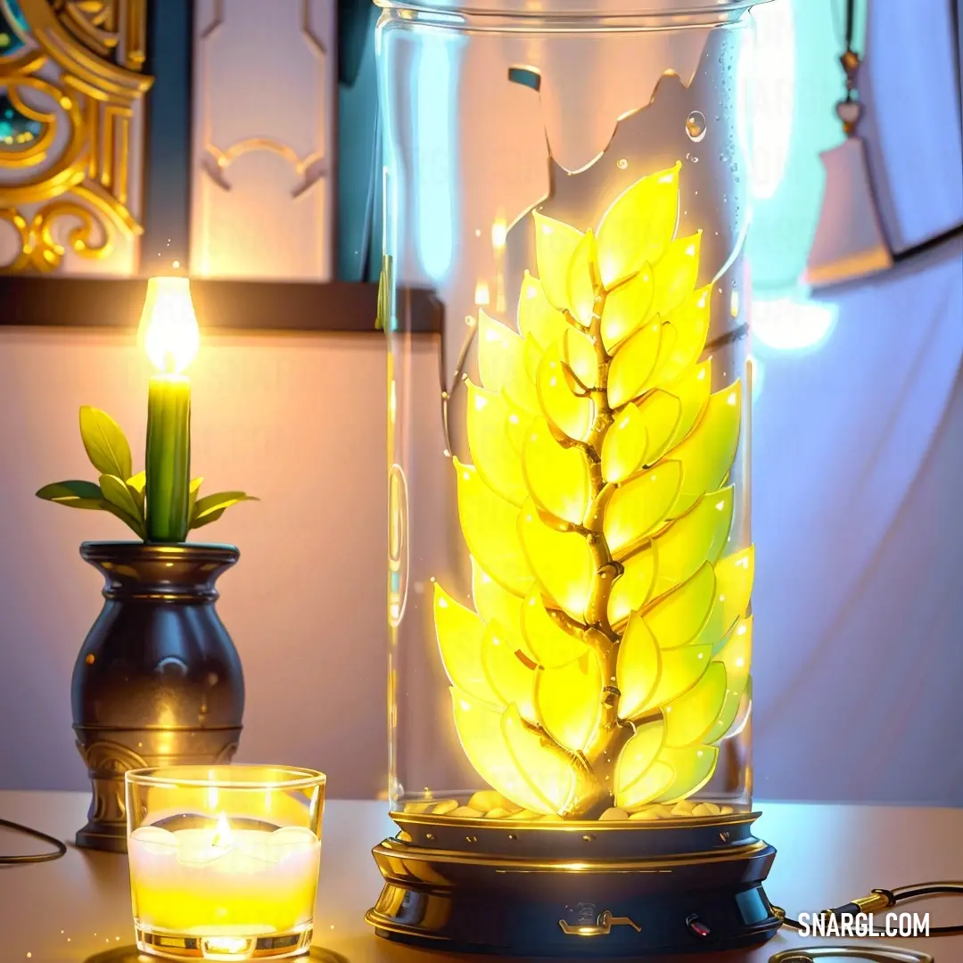 Candle and a vase with a plant inside of it on a table with a mirror behind it and a light in the middle