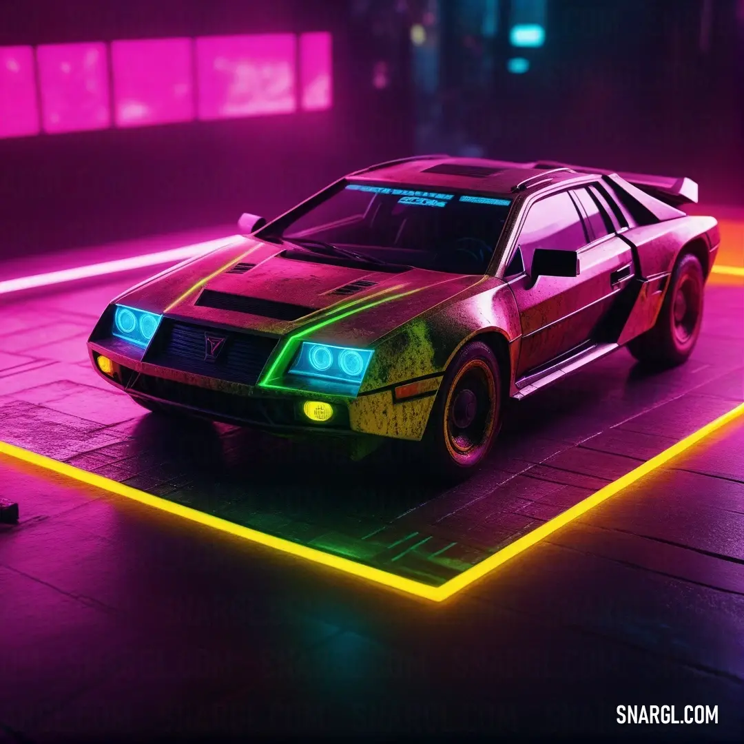 A futuristic car bathed in neon light, with a neon strip surrounding it and a vivid neon glow in the background. The electric yellow hue of the lights creates a striking effect, enhancing the car's sleek, modern appearance.