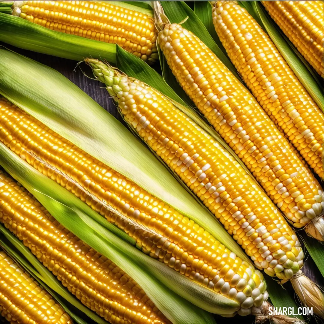 A close-up view of a vibrant bunch of corn on the cob, with the golden kernels glowing against a backdrop of more corn. The electric yellow color intensifies the warmth and richness of this agricultural delight.