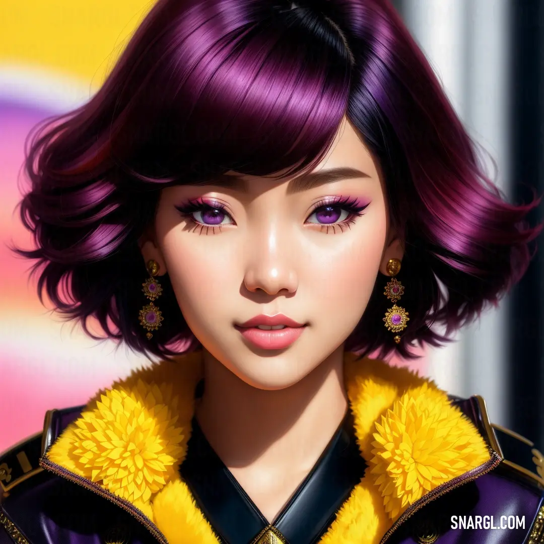 Digital painting of a woman with purple hair and yellow jacket and earrings on her head and a rainbow background