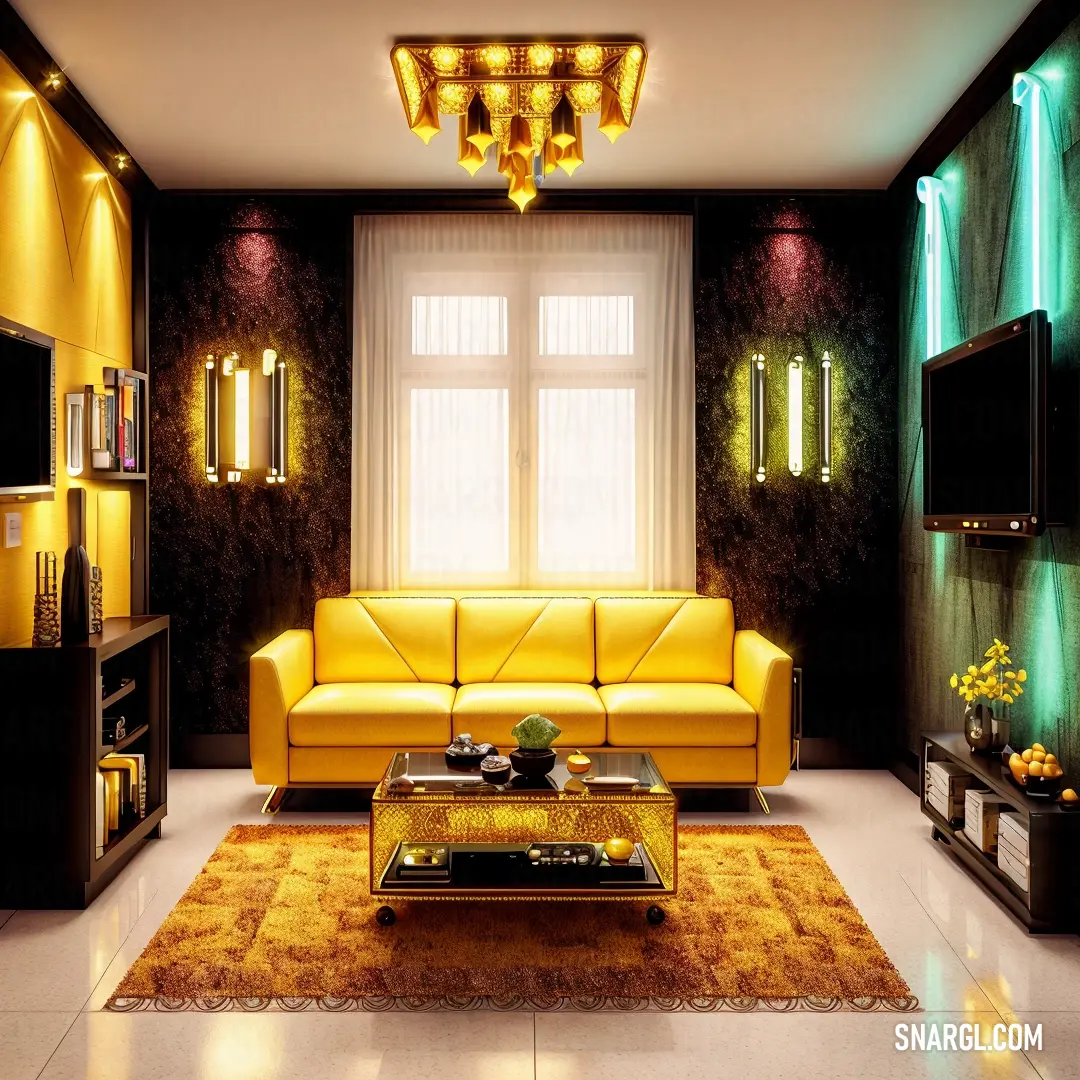 Living room with a yellow couch and a coffee table in it and a tv on the wall and a window. Example of #FFFF00 color.