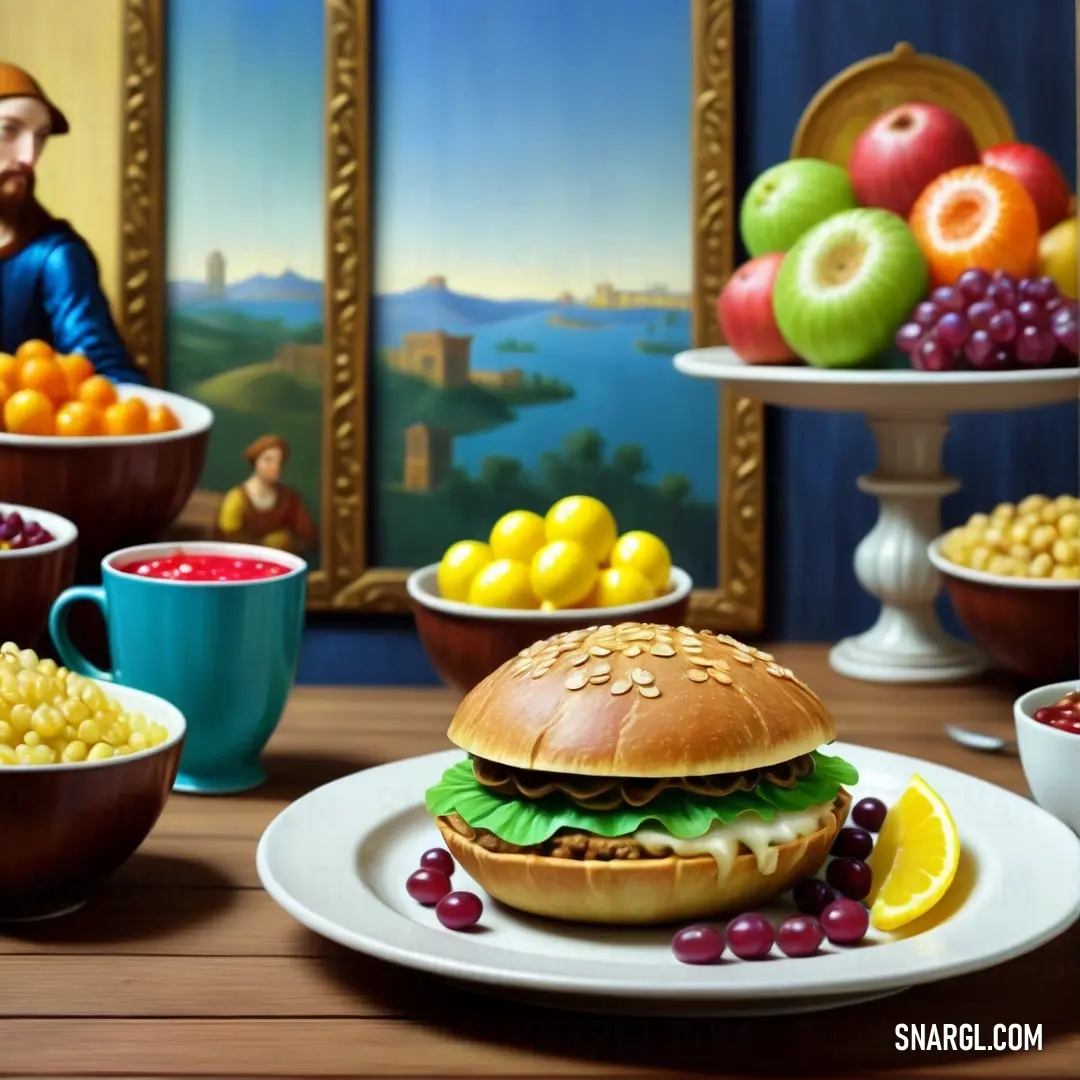 A painting featuring a delicious spread of burger and fruit on a table, with a man casually lounging in the background. The vibrant colors of the food, paired with the contrasting background, evoke a sense of warmth and enjoyment.