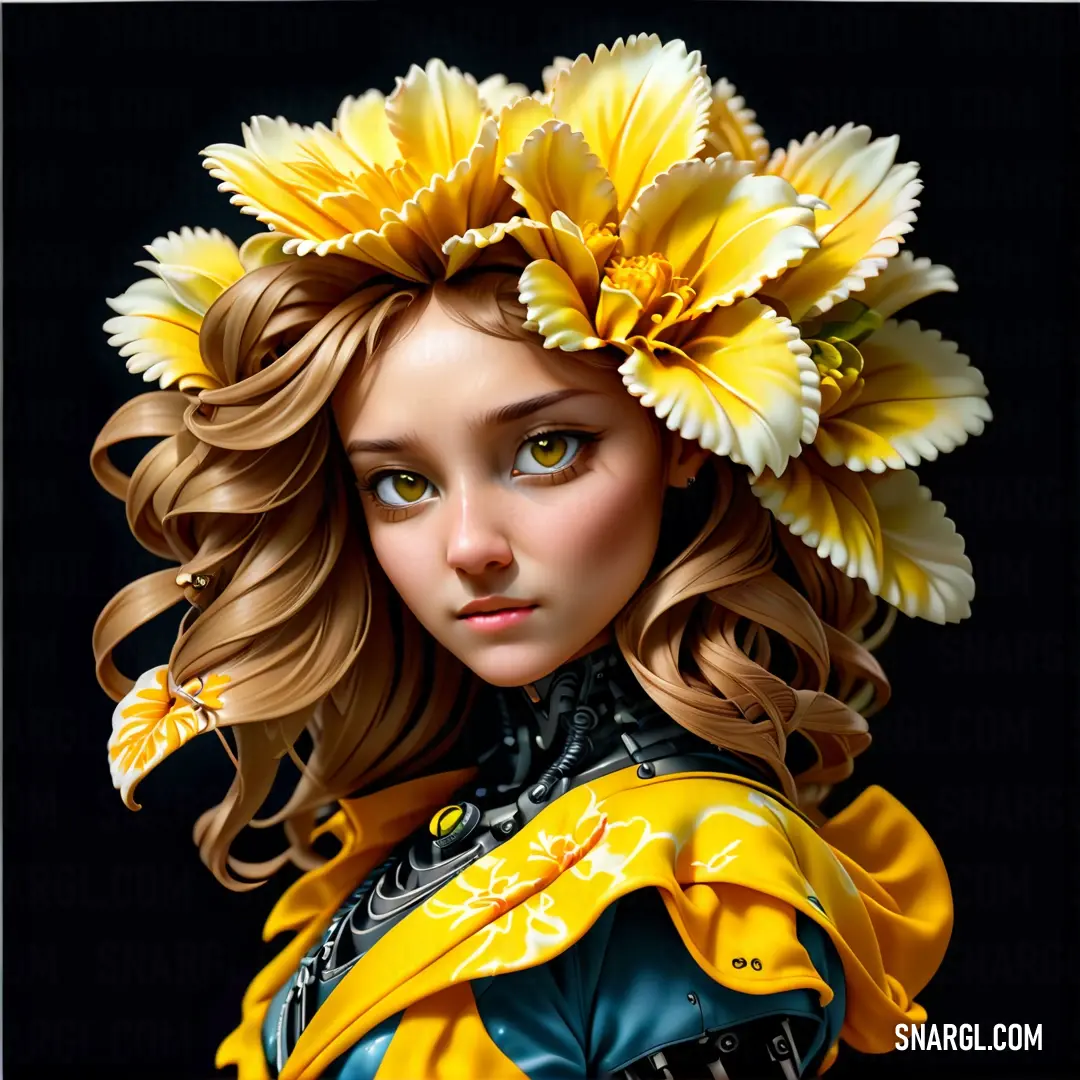 Painting of a girl with flowers in her hair and a yellow dress on her head, with a black background. Color Electric yellow.