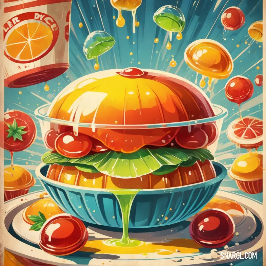 A mouthwatering poster featuring a towering orange cake, generously topped with a variety of colorful and tempting toppings. The cake stands out with its vivid orange hue, bringing a playful, celebratory vibe to the scene.