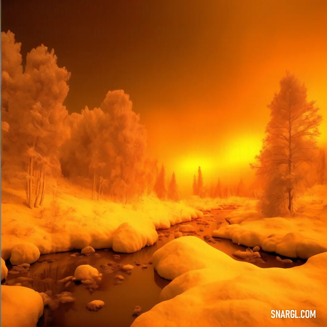 A frozen river runs through a snow-covered forest, the orange and yellow hues of a sunset painting the sky above. This breathtaking scene captures the vibrancy of RGB 255,255,0, perfectly blending the colors of nature’s winter wonderland with a war