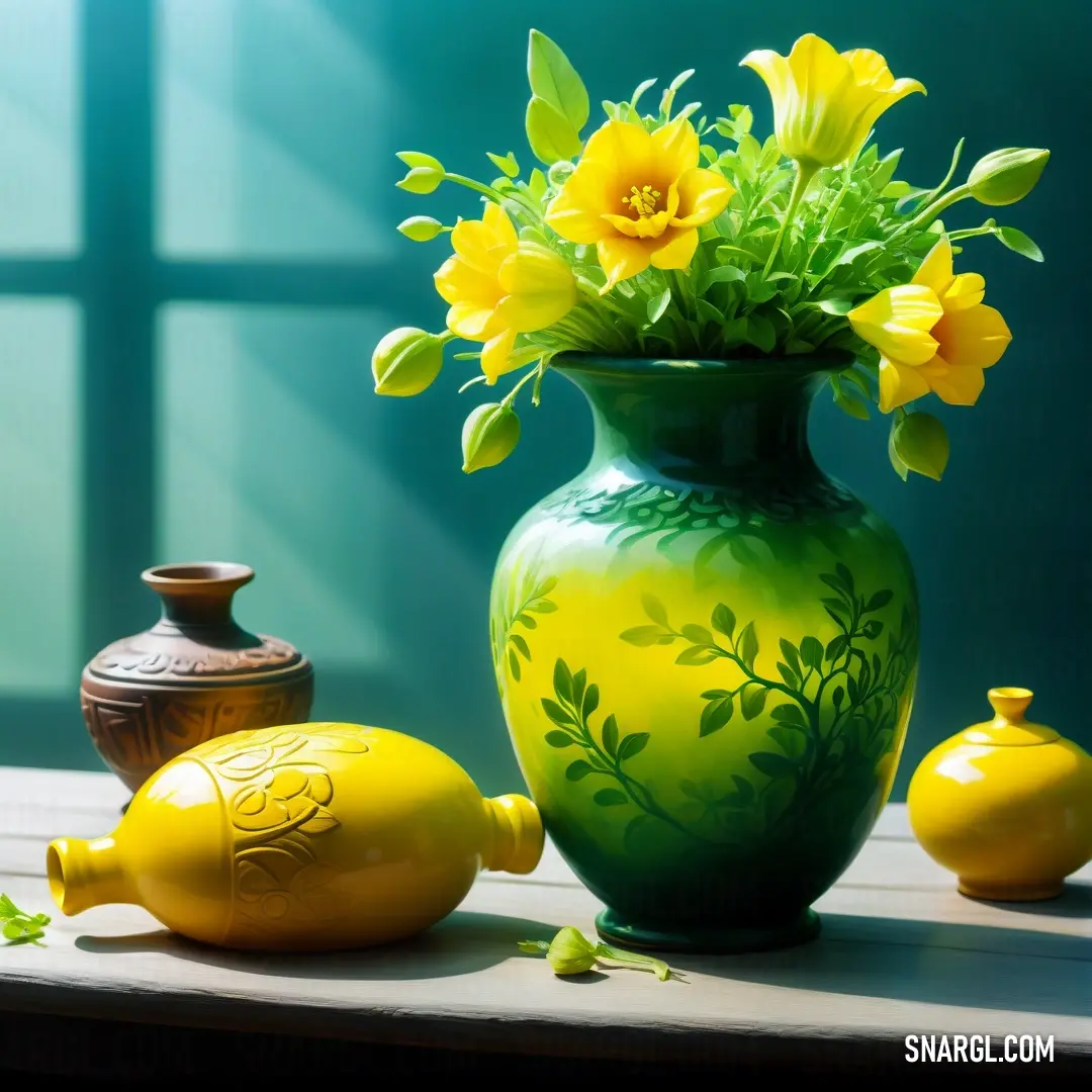 Vase with yellow flowers and some other vases on a table with a window behind it and a green background. Example of Electric yellow color.