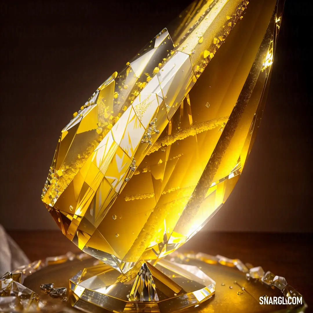 A glowing yellow diamond-shaped object placed delicately on a table, surrounded by a chain and a piece of glass. The electric yellow color gives the scene an intriguing glow as the object catches the light in a sophisticated way.