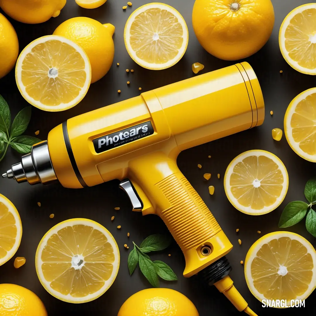 Yellow electric drill surrounded by lemons and leaves on a table with leaves and leaves around it and a black background