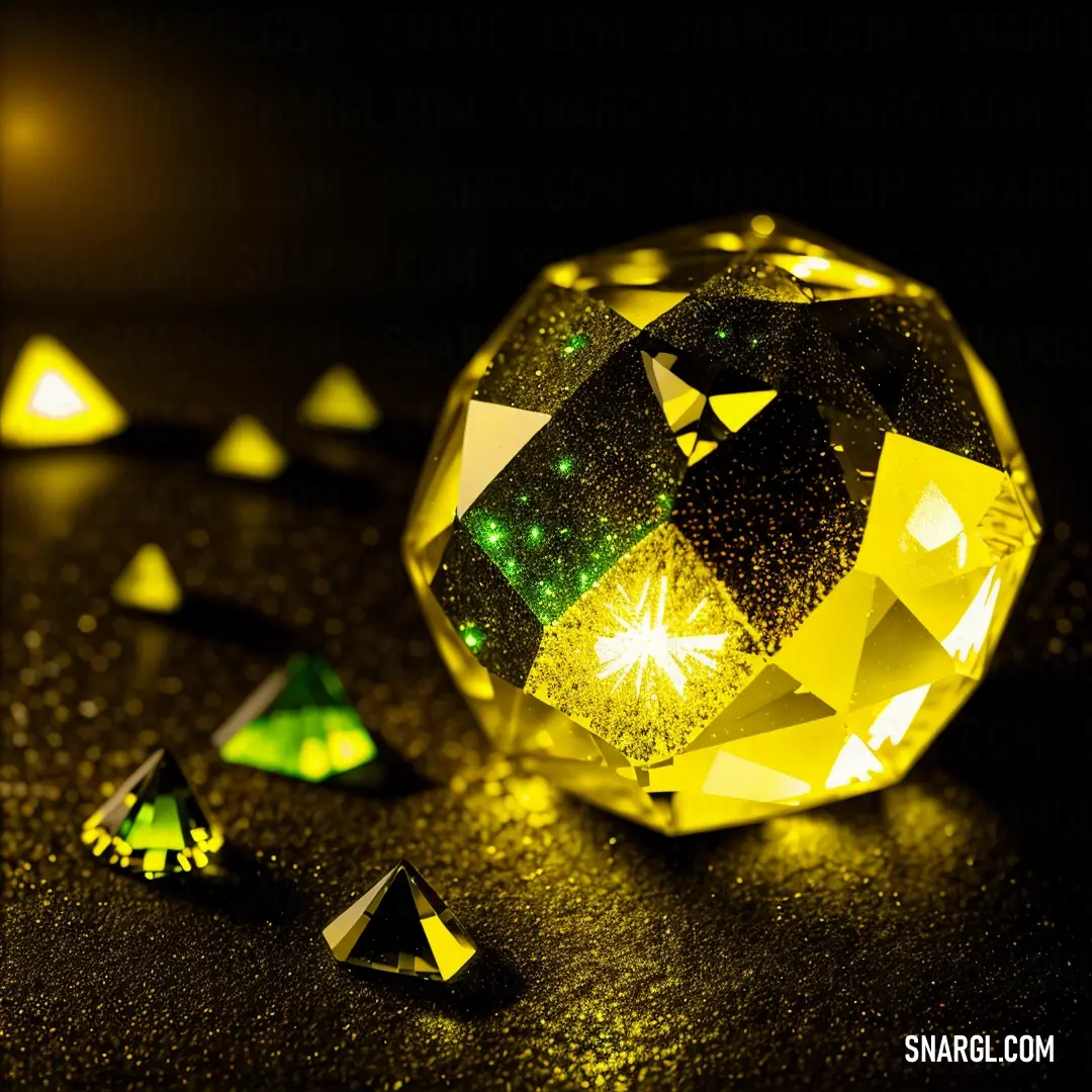 Group of yellow and green lights shine on a black surface with a shiny diamond in the middle of the image