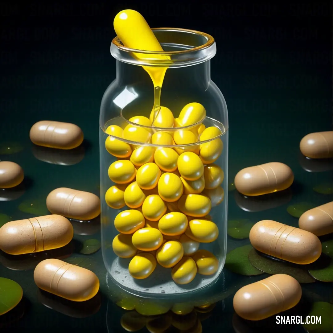 Jar filled with yellow pills and a spoon in it next to some green leaves and yellow pills on a black surface. Example of #FFFF00 color.