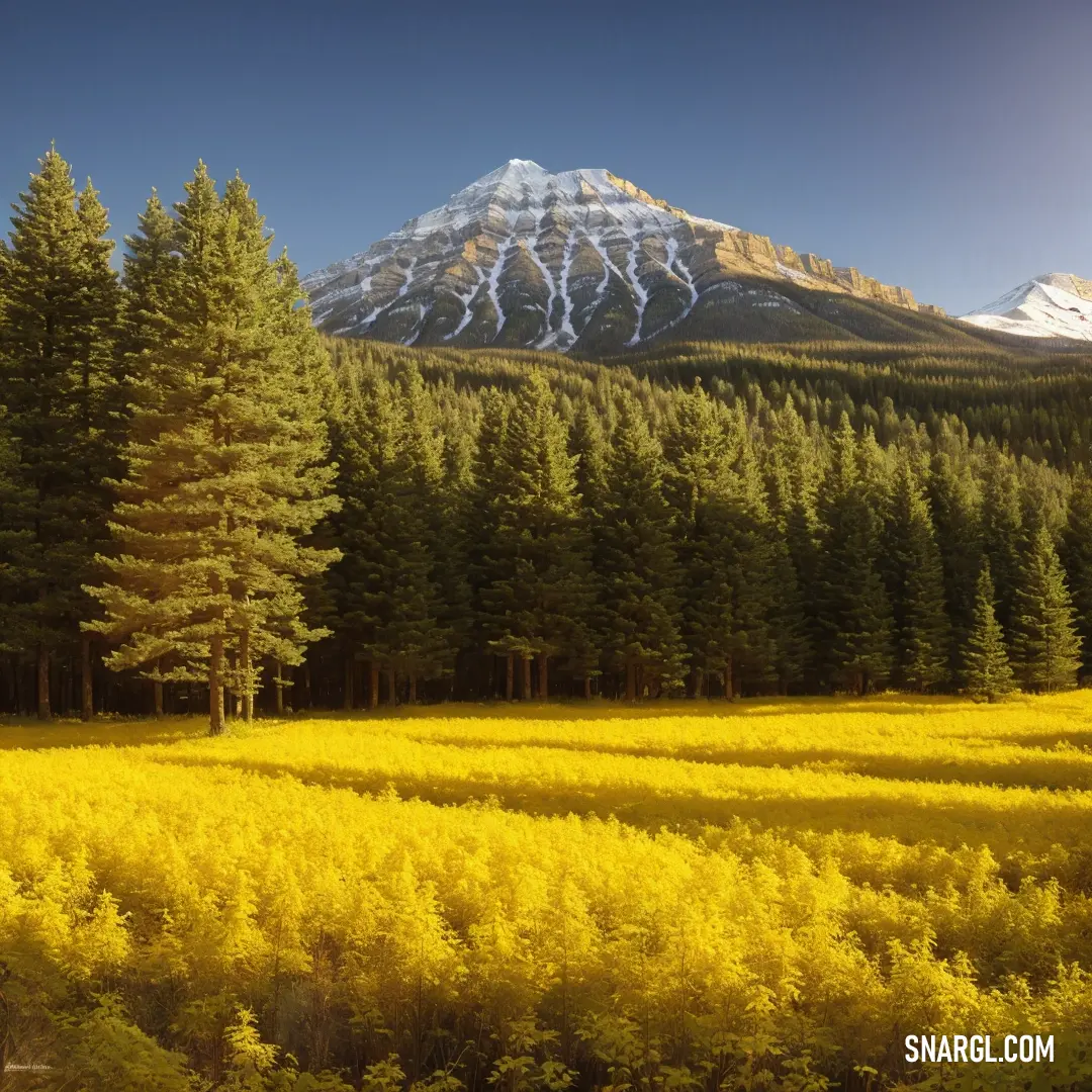 A majestic mountain with a snow-capped peak rises in the distance, while a vibrant field of bright yellow flowers spreads across the foreground. The scene is a perfect example of Electric yellow, showcasing nature's beauty and vivid color contrasts.