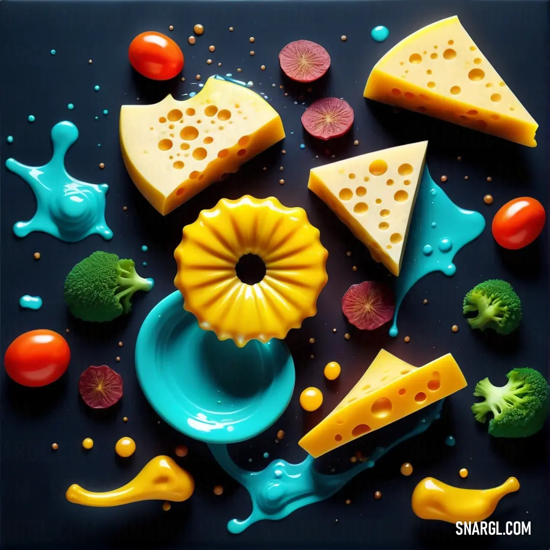 A variety of cheeses and fresh vegetables artfully arranged on a table, set against a blue backdrop. Sprinkles of color and a cheerful yellow hue bring energy and vibrancy to this delicious spread.