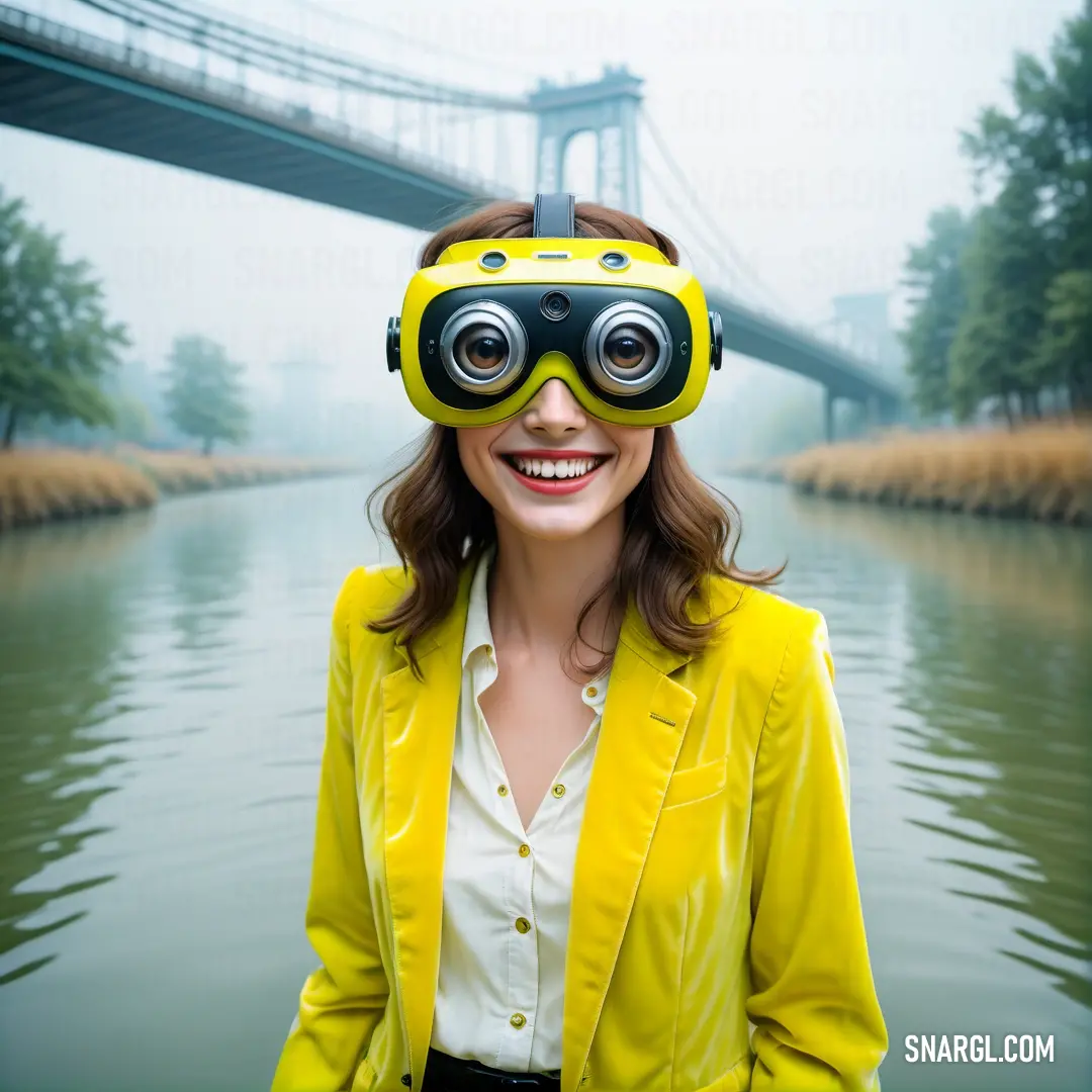 Woman wearing a yellow jacket and a yellow jacket with a yellow and black mask on her head and a bridge in the background