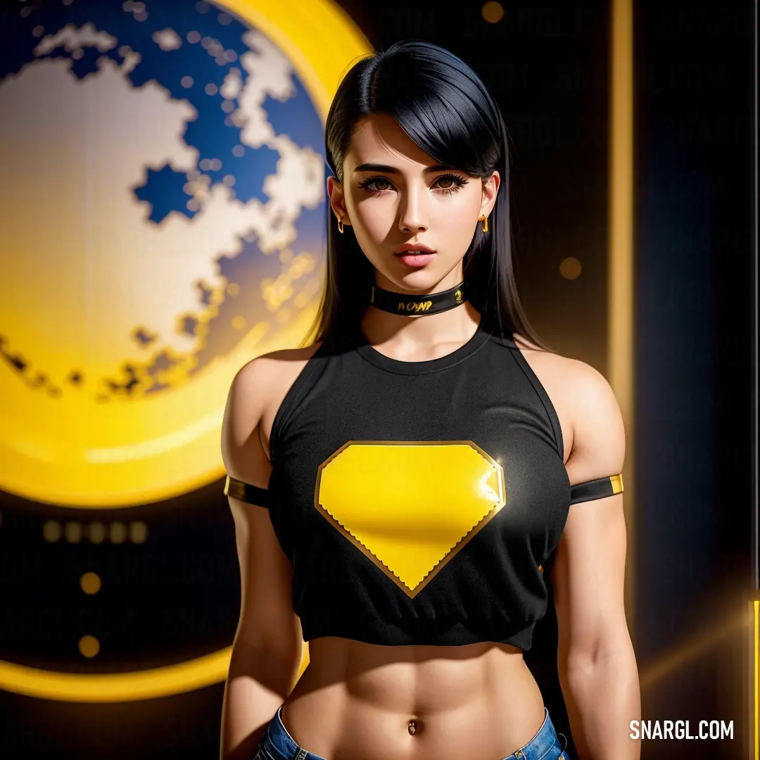 Woman with a black top and a yellow arrow on her chest and a black choker around her neck
