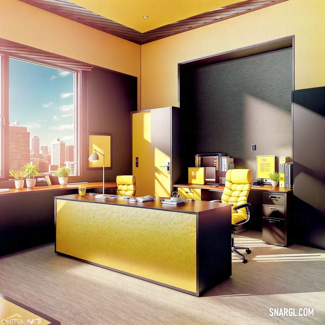 Yellow and black office with a big window and a desk with a yellow chair and a yellow chair. Color #FFFF00.