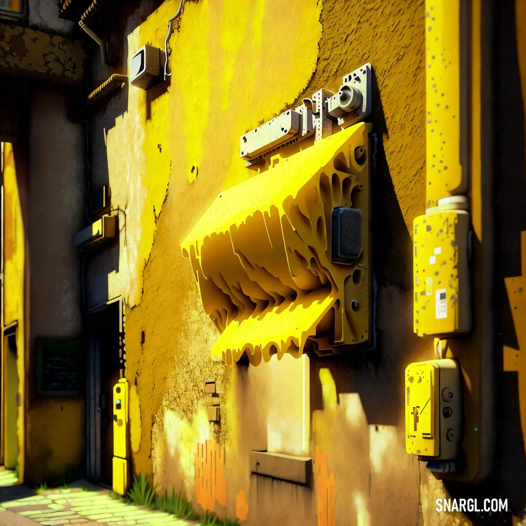 Yellow building with a yellow wall and a yellow street light on the side of it