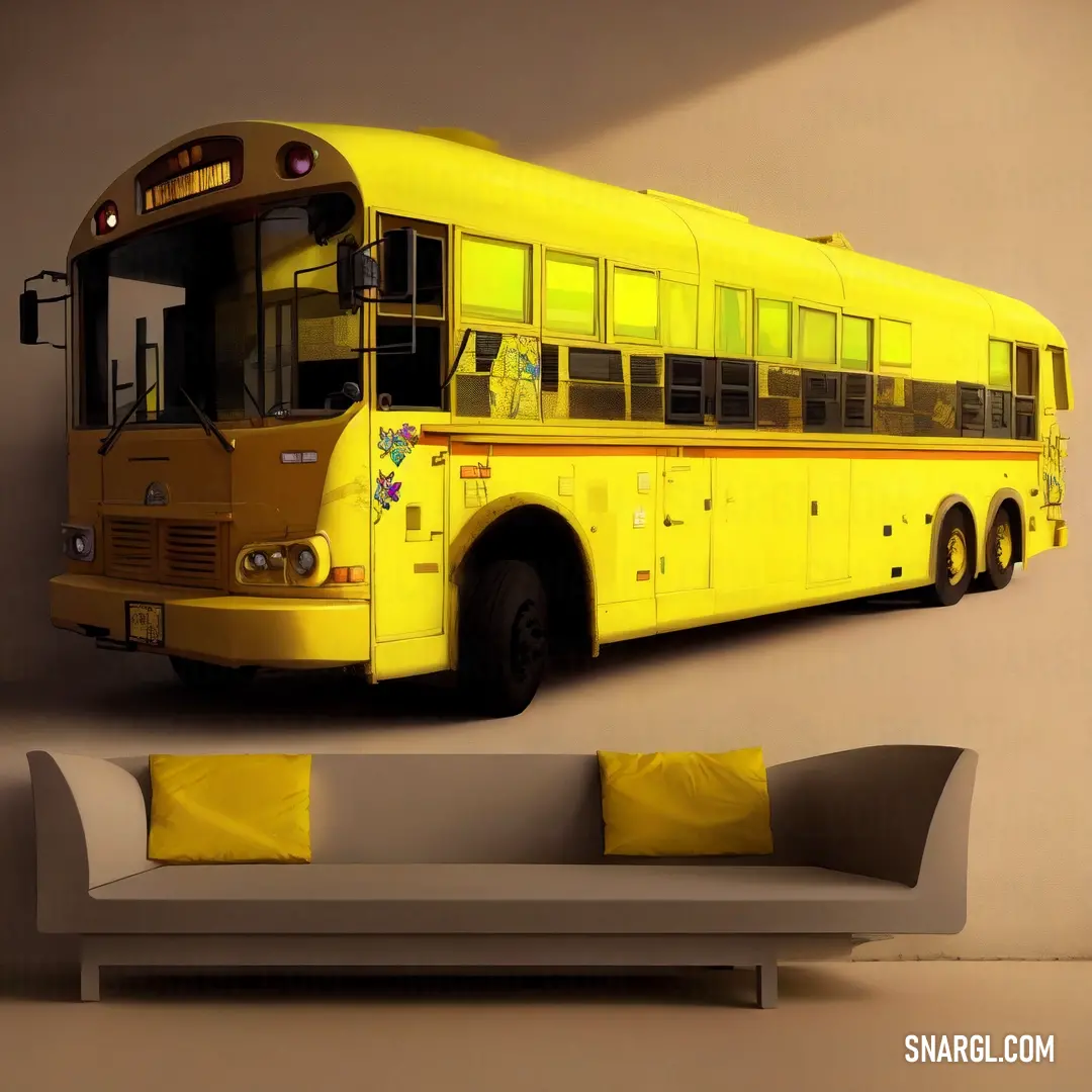 Yellow bus is parked in a room with a couch and a wall mural on the wall behind it