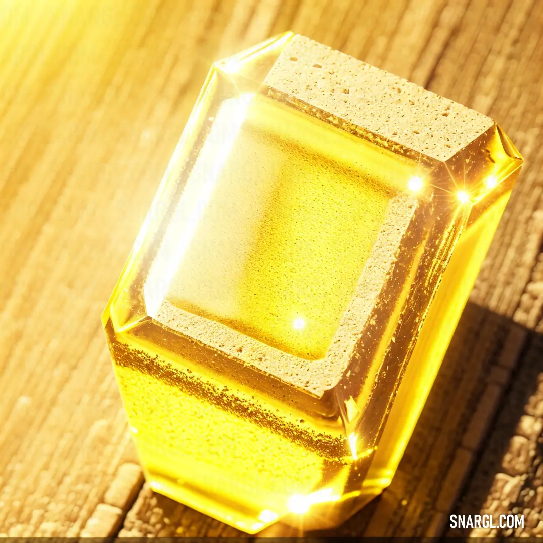 Yellow object on top of a wooden table next to a light bulb on top of a wooden table. Example of CMYK 0,0,100,0 color.