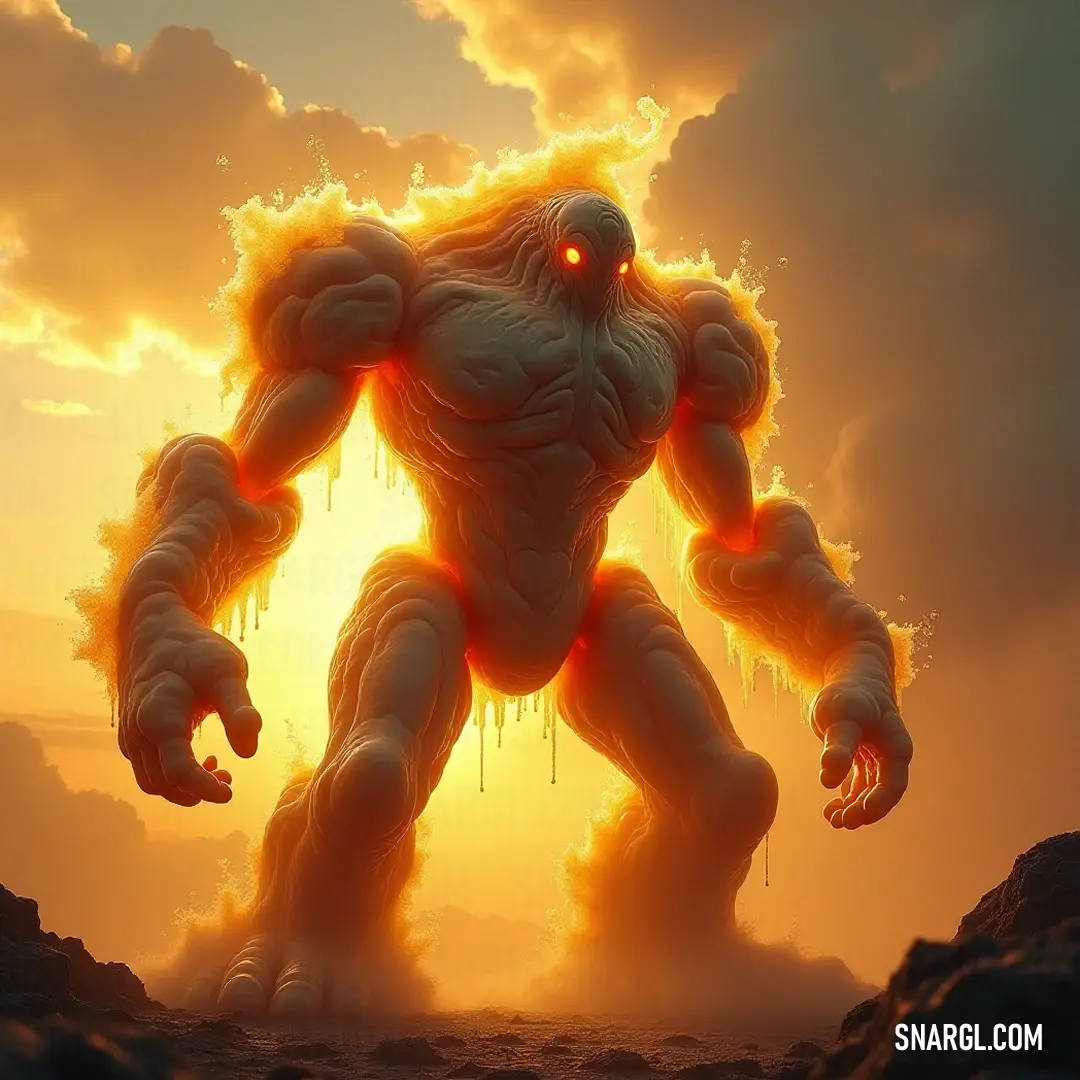 At dusk, the Giant Elemental Golem commands the horizon, glowing eyes piercing through the twilight, its massive form a striking silhouette against the stunning colors of the sunset painted across the sky. A Giant Elemental Golem, with radiant glowing eyes, stands regal at sunset, its silhouette framed by vibrant clouds that transport viewers to a magical realm, serene yet filled with power and mystique.