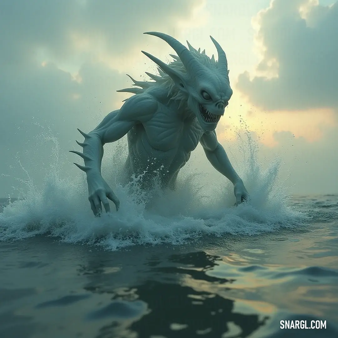 A majestic Elemental Myrmidon racing through ocean waters at sunset, surrounded by a kaleidoscope of colors in the sky reflecting its energy and power. A powerful Elemental Myrmidon dashes through glistening ocean waves, silhouetted against a breathtaking sky painted in hues of orange and purple, as the sun dips below the horizon during the mystical moment of dawn or sunset.