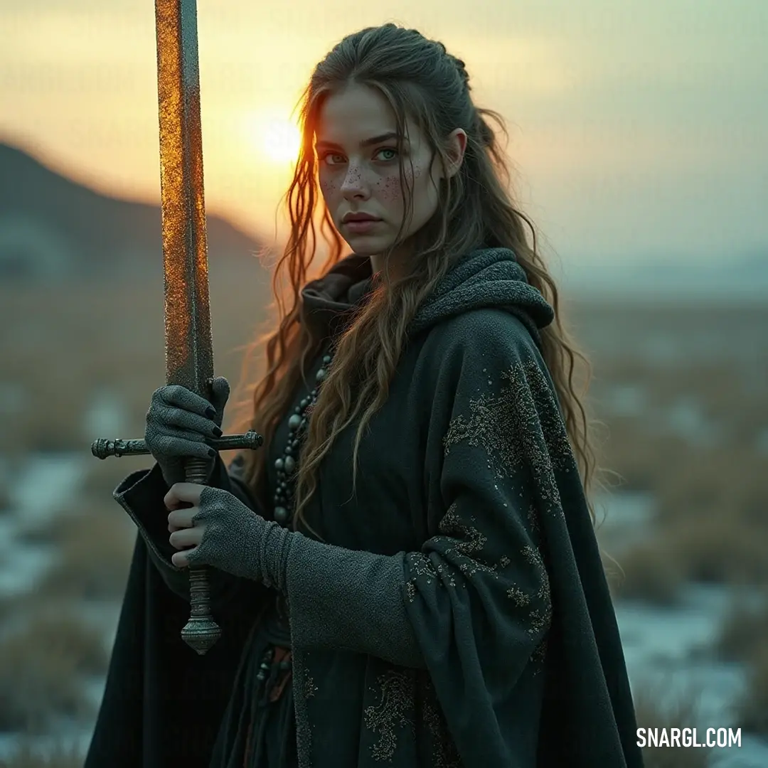 A noble warrior in an ornate medieval costume stands valiantly in a sunlit field at sunset, with majestic mountains providing a dramatic backdrop to this moment of heroism. In a breathtaking field bathed in the warm glow of sunset, a valiant figure dons an intricate medieval costume, holding a gleaming sword, standing regal against a backdrop of distant mountains, inviting tales of courage and adventure.