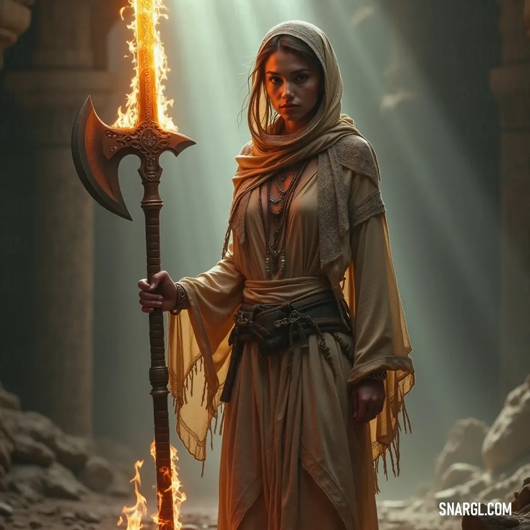 In the midst of the arid desert, a bold adventurer brandishes a flaming staff, her attire blending seamlessly with the rugged terrain, a testament to her resilience and readiness to face whatever challenges lie ahead. A fierce warrior clad in a rugged desert outfit, gripping a fiery staff, stands confidently against the stark landscape, embodying fearlessness and strength as she readies herself to fight against the forces of nature and enemies alike.