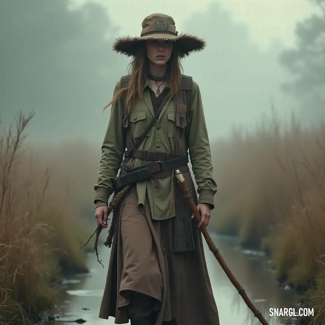 A seasoned explorer in a classic trench coat and hat traverses a fog-laden swamp, embodying the spirit of discovery, as every step unveils the allure of nature's hidden treasures and untold tales. A determined adventurer, clad in a stylish trench coat and wide-brimmed hat, navigates through a murky swamp, the mist swirling around her as if whispering ancient secrets of the land and inviting her deeper into the mystery.