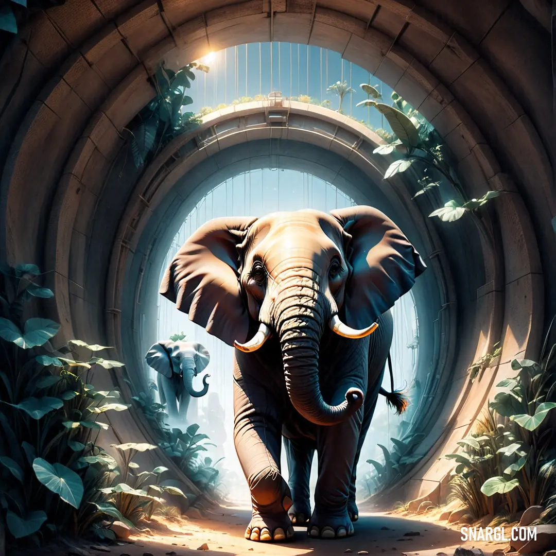 Elephant is standing in a tunnel with plants and rocks around it and a light shining on the elephant