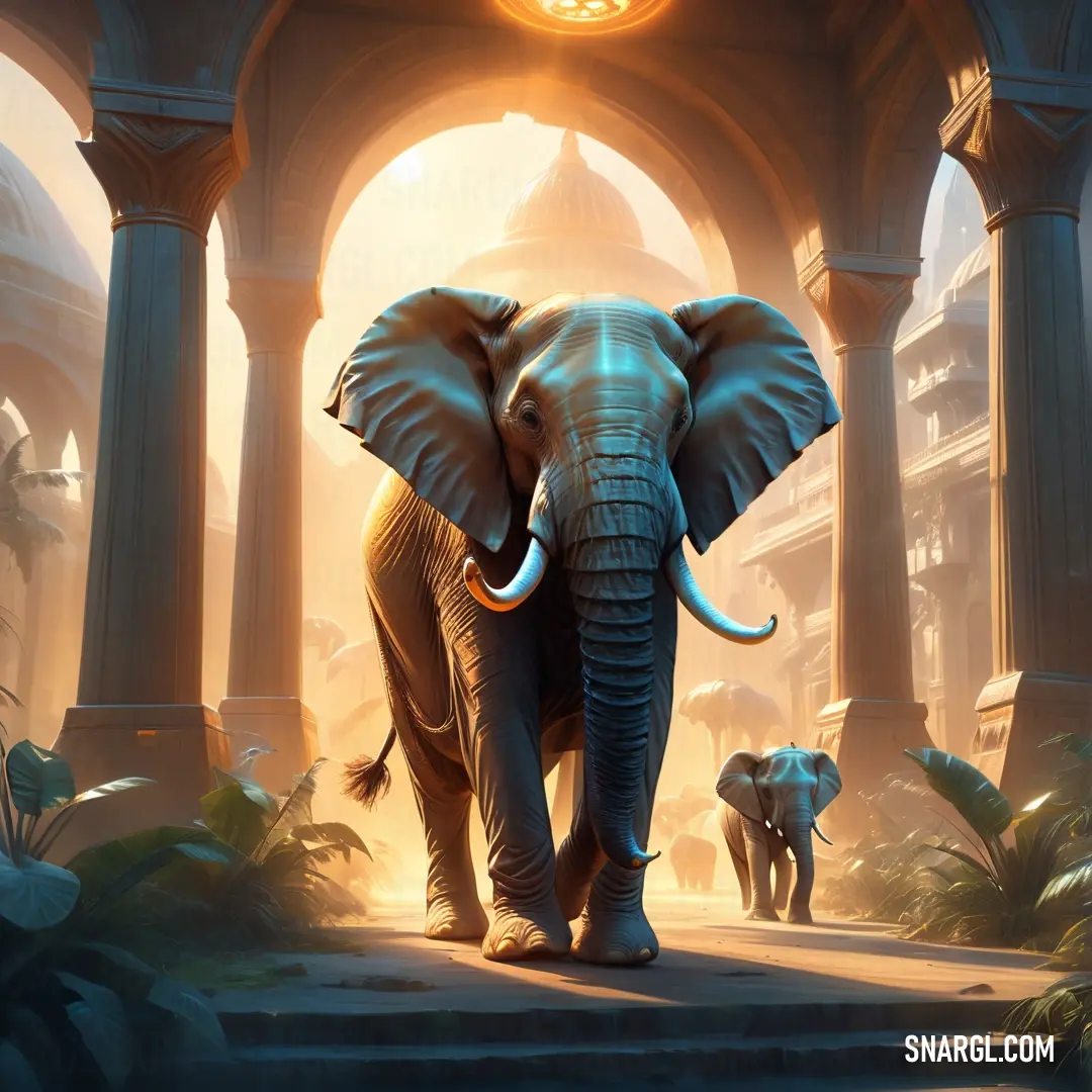 Elephant is walking through a city with columns and arches